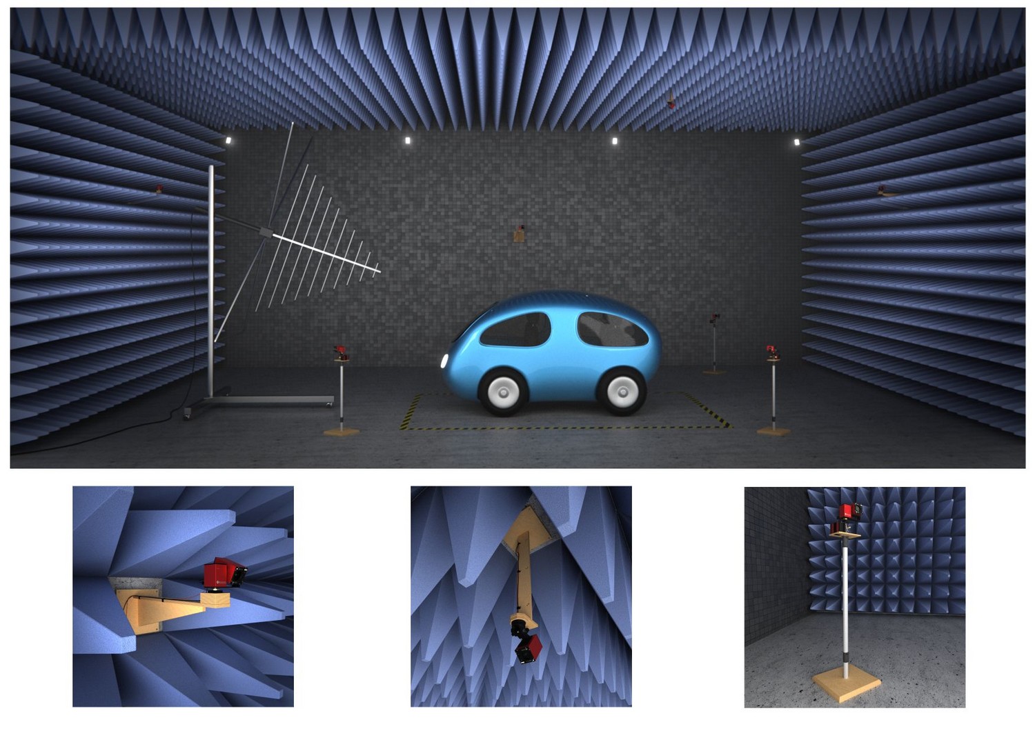 anechoic chamber with wallmount, ceiling mount, and monopod